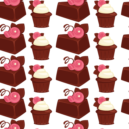 Bakery and cakes baked culinary products seamless pattern vector. Chocolate ingredients and topping, lollipop and cakes, candies with stuffing vanilla flour. Strawberry taste sweet food dessertのイラスト素材