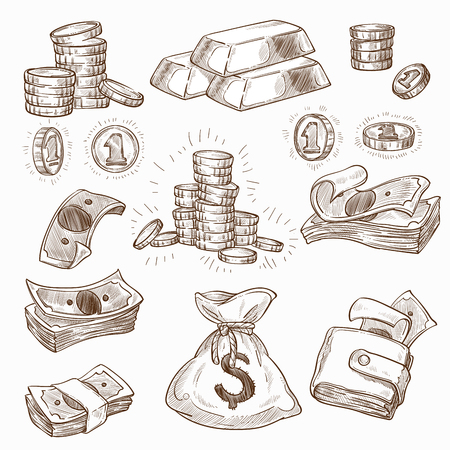 Coins and banknotes money and gold bar wallet and bag vector sketch dollar bills paper and metal currency riches and wealth stacks and bunches or pile prosperity sack profit income or revenue.のイラスト素材