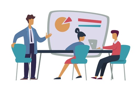 Conference or business meeting graphic presentation vector teamwork office workers round table discussion men and woman laptop analytics and statistics brainstorming finance industry entrepreneursのイラスト素材