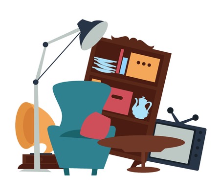 Old furniture garage sale second hand goods selling vector armchair with cushion and table TV set and wooden cupboard with dishware plates and teapot gramophone and lamp cheap price shopping.のイラスト素材