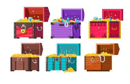 Chests with gold coins and jewelry vector money and diamonds or brilliants pearl beads and rubies wealth and riches in container with lock ancient gemstones and precious jewellery in wooden boxes.のイラスト素材