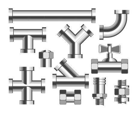 Pipes and tubes plumbing and building materials vector crane and nozzle bathroom water piping construction elements metal details and parts adapters replacement and household isolated objects.のイラスト素材