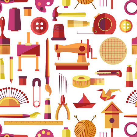 Craft tools and handmade instruments, hobby items vector. Seamless pattern with sewing machine, needles and threads in ball. Knitting and tailoring, painting with brushes and making origami piecesのイラスト素材