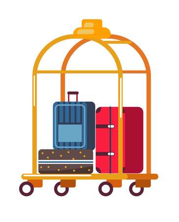 Hotel service baggage or luggage suitcases on golden cart or trolley vector visitors or customers goods and clothes settlement in room travel or journey portable construction with containers on wheels.のイラスト素材