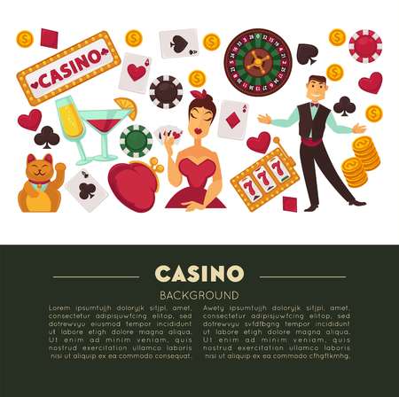 Gambling and casino roulette wheel and poker game vector play cards and chips alcohol cocktails drink and croupier Chinese cat and gold coins and slot machine and purse woman in evening dress.のイラスト素材