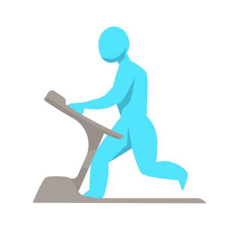 Healthy lifestyle and sport running track male figure on training apparatus vector isolated man silhouette on treadmill running or jogging physical activity body strength cardio load sportsman in gym.のイラスト素材