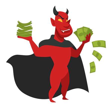 Satan or red devil with money in black cloak isolated character vector king of hell and sin greed and mercantile spirit Lucifer evil monster with horns holding banknotes mythical creature or beast.のイラスト素材