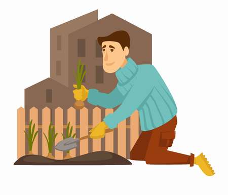 Man collecting onions harvest with shovel gardening in city vector fence and soil ground near town houses gardener with tool agriculture and growing vegetables planting leek agricultural works gloves.のイラスト素材