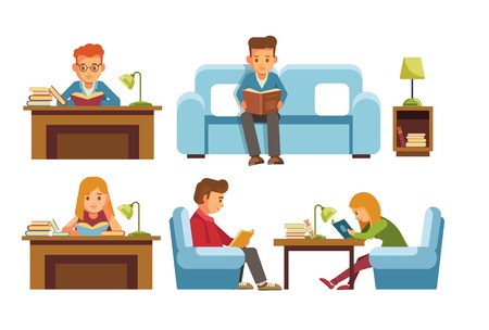 Children students in library or bookshop reading books . Vector flat design of people read and studyのイラスト素材
