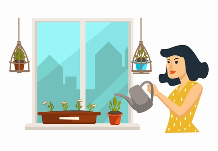 Home plantation woman watering indoor plants on windowsillのイラスト素材
