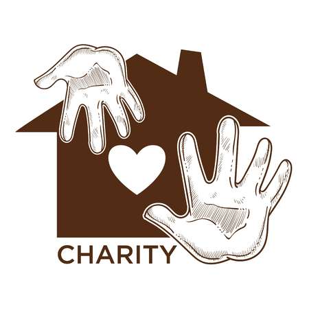 Charity fund isolated icon house and human palms sketchのイラスト素材