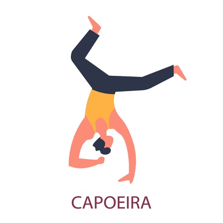 Brazil fighting art capoeira dance and acrobatics vector fighter standing on hand and elbow combat style exercising sport or physical activity fitness and body control isolated male character.のイラスト素材