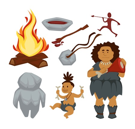 Stone age primitive people and devices woman and babyのイラスト素材