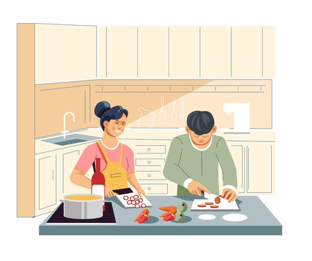 Kitchen couple cooking food at cutting vegetables and sausage vector family husband and wife prepare dish or meal carrot and pepper bottle and saucepan stove counter cutting board and knife apron.のイラスト素材