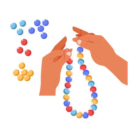 Handmade craft beads creation bijouterie workshop vector isolated hands art and creativity hobby or leisure pastime necklace decoration fake crafted jewelry workshop thread ball color bijou accessory.のイラスト素材
