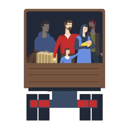Truck trunk with refugees illegal transportation political escape vector family and men with baggage vehicle or transport migration resettlement looking for protection country borderline crossingのイラスト素材