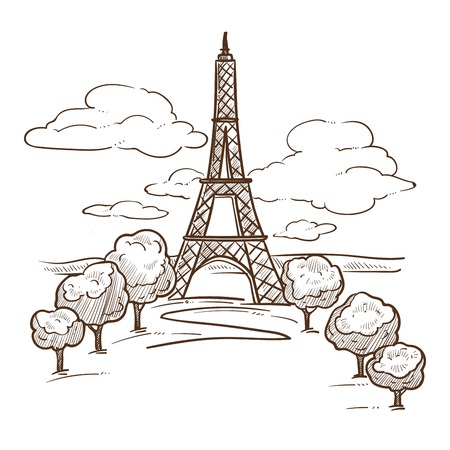 Paris Eiffel tower landmark sketch travel to France vector construction French symbol attraction famous architecture monument journey or trip drawn landscape trees and sky with clouds romantic place.のイラスト素材