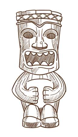 Hawaiian totem wooden statue with open mouth isolated vector sketch tribal symbol human wooden monument tiki mask sculpture travel to Hawaii tropical island holiday and vacation face expression.のイラスト素材