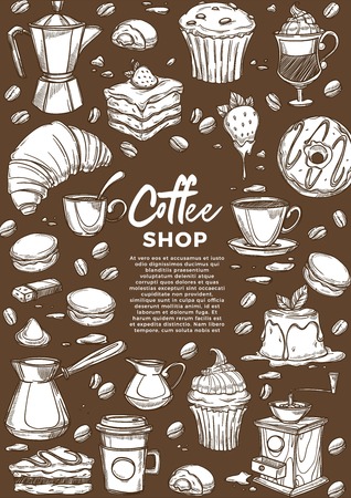 Hot drinks and desserts coffee shop cafe sketch latte with foam and cake croissant and mocha macaroon and cappuccino donut and americano turk and pot grinder and beans paper cup and strawberry.のイラスト素材