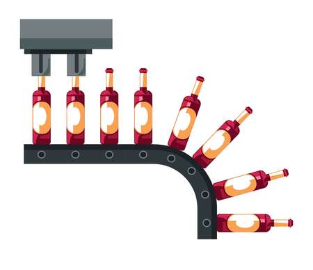 Wine bottles conveyor winemaking industry mechanic line vector alcohol drink of grapes in glass container with cork mass production final stage farm factory organic product viticulture and agriculture.のイラスト素材