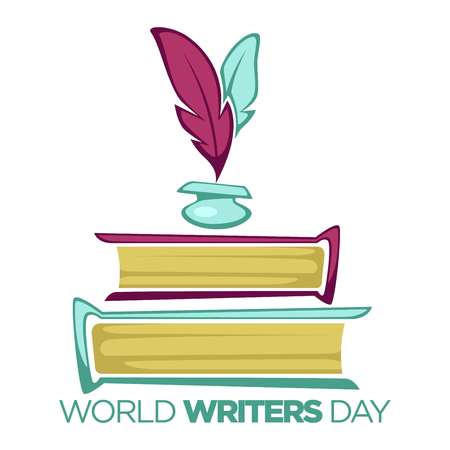 Books and feathers world writers day literature professional holiday isolated icon vector textbooks volumes and writing tool literacy and poetry inkpot manuscript in hardcover novels and fiction.のイラスト素材