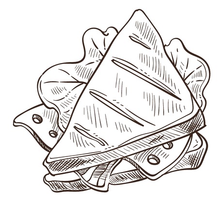 Sandwich tasty food with bread and salad leaves vector monochrome sketch outline of meal with roasted ingredients and fresh vegetables cheese and meat stuffed inside ham and greenery flat style.のイラスト素材
