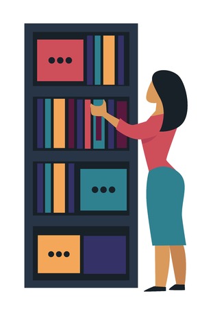 Woman taking documents folder from shelf office furniture vector boxes and books business work secretary and working papers indoor interior elements design isolated female character and object.のイラスト素材