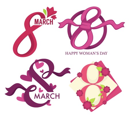 Womens day holiday 8 march isolated icon tulip flowers female sex appreciation celebration and greeting spring plants and date number femininity and love emblemのイラスト素材