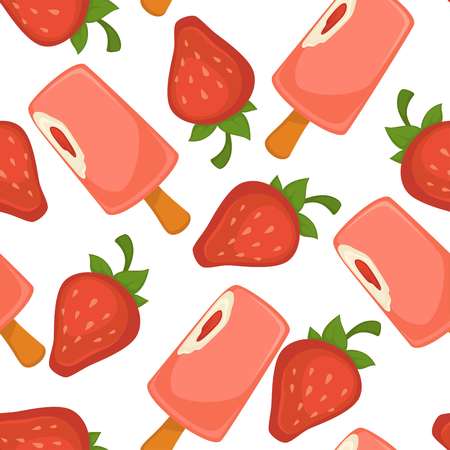 Ice cream pink strawberry vector seamless pattern on white backgroundのイラスト素材