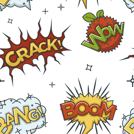 Crack wow and boom comic sounds visualization seamless patternのイラスト素材