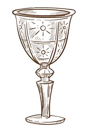 Glass cup crystal goblet or isolated sketch glassware vector tableware expensive medieval relic fragile ornament or engraving curves on dishware for drinks or beverages and water bar element.のイラスト素材