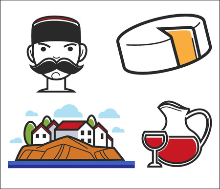 Montenegro symbols travel to Europe food and drink man and house vector illustrationのイラスト素材