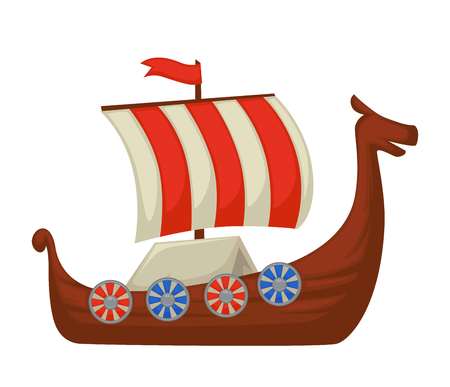 Drakkar Viking ship or boat with shields on board and striped sail with flag on top vector isolated wooden water transport ancient construction Scandinavian history antique vessel or warship.のイラスト素材