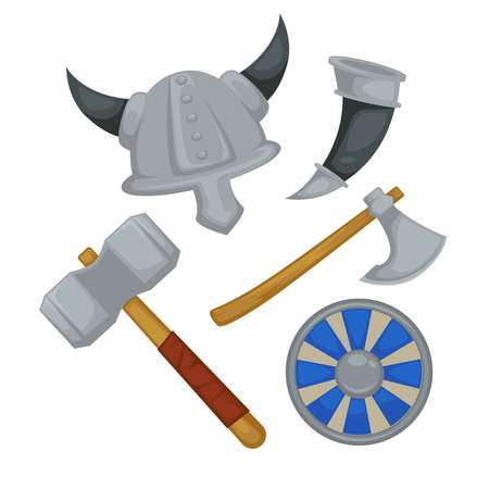 Weapon and armor Viking warrior equipment vector horned helmet horn and ax hammer and shield ancient North soldier items headgear and arms Scandinavian countries history and culture attack or defense.のイラスト素材