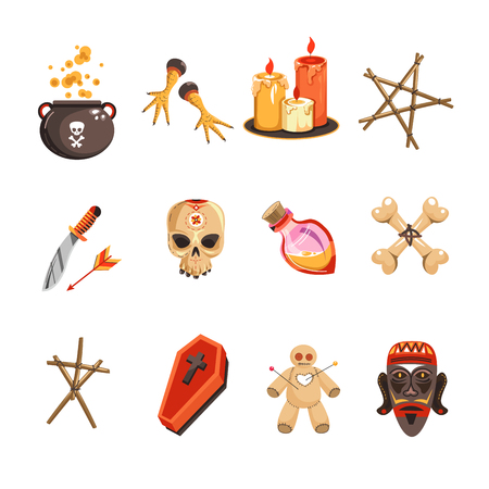 Voodoo attributes candles and skulls pot with brewery vector set of isolated icons witch symbols chicken and pentagram knife and bottle in shape of heart coffin and puppet doll with needles bones.のイラスト素材