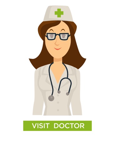 Regular check or examination visit doctor medical advice medicine and healthcare vector isolated character female therapist or physician in hat with cross and stethoscope in glasses hospital worker.のイラスト素材