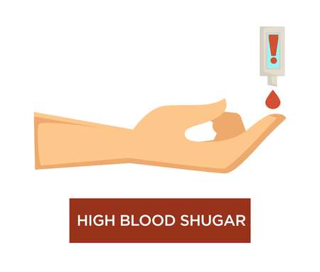 High blood sugar level diabetes symptom hand and tester vector glucometer device medical tool measurement medicine and healthcare chronic disease glucose check diagnose hemoglobin and insulin.のイラスト素材