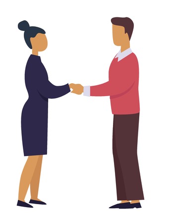Man and woman holding hands business professional relationship isolated vector male and female character in suits dealing signing contract finance and commerce cooperation and coworking entrepreneurs.のイラスト素材