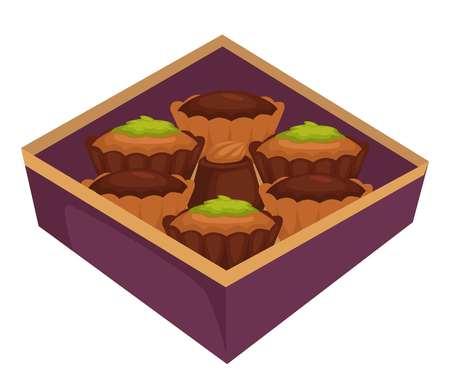 Chocolate candy and cupcakes or muffins in box isolated gift or present vector confectionery product dessert bakery or pastry food of wheat dough in cardboard container treat or snack in wrappers.のイラスト素材