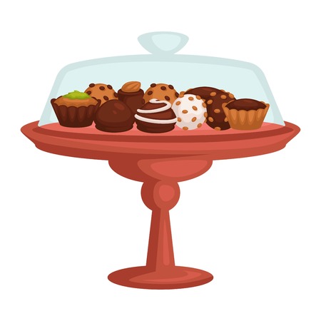 Chocolate cake and cupcake cookie and candy on stand isolated objectのイラスト素材