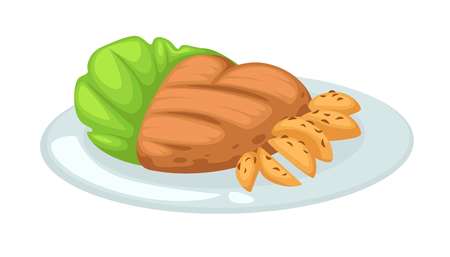 Poultry meat meal chicken with fried potato and lettuce leaf on plate isolated dish lunch or dinner homemade healthy food cooking ingredients culinary recipe nutrition main course and garnish.のイラスト素材