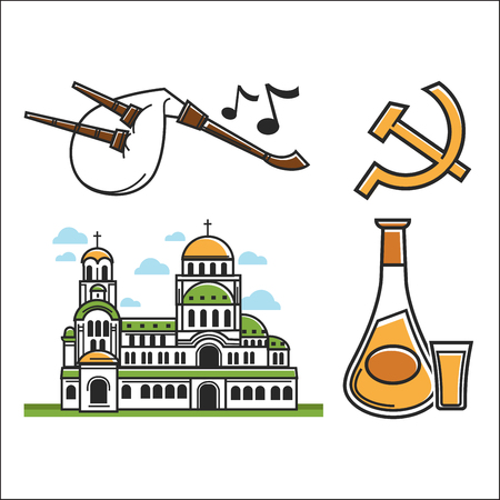 Traveling Bulgaria symbols architecture and music drink and Soviet Union sign vector Alexander Nevsky Cathedral and bagpipes rakia hammer and sickle Bulgarian travel attractions European tourism.のイラスト素材