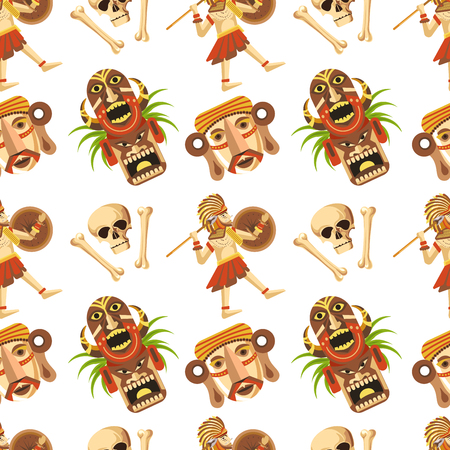 Maya traditional attributes and ancient priceless relics seamless pattern. Old pyramids, sharp spear, solid shield, authentic headdress, human skull, wooden totem and archaeological finds vector illustrations.のイラスト素材