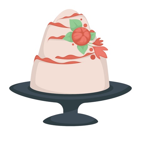 Dessert with jam and flower decor wedding cake on plate isolated dish floral decoration biscuit layers in cream or icing confectionery product sweet food meal celebration peony bud with leaves.のイラスト素材