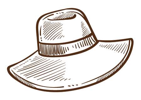 Fashion design of hat isolated sketch female headdress or accessory vector garment with stripe monochrome drawing head covering sun protection style womens wear shopping vogue seasonal clothing.のイラスト素材