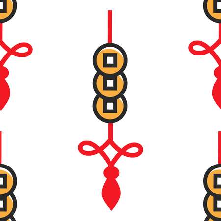 Chinese symbol lucky gold coins with hole and tassel seamless texture vector wealth and fortune symbol feng shui culture endless texture red knot China culture belief or faith Oriental tradition.のイラスト素材