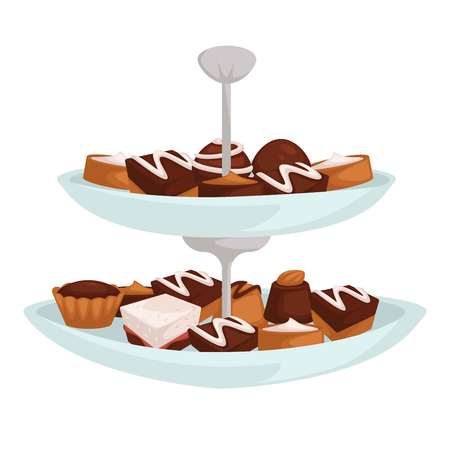 Dessert or confectionery cookies and candies on two layer dish vector chocolate and cream cakes sweet food pastry or bakery products cooking dishes culinary ingredients puff dough and souffle.のイラスト素材