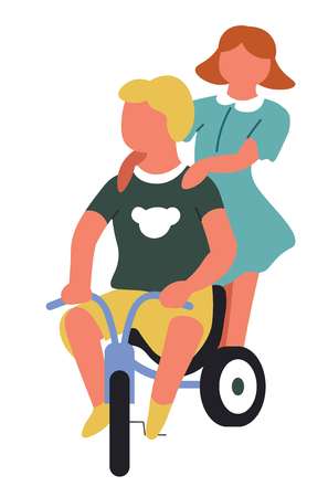 Boy and girl riding bicycle children playing gamesのイラスト素材