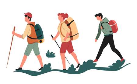 Hikers or backpackers walking men and woman sport or outdoor activityのイラスト素材