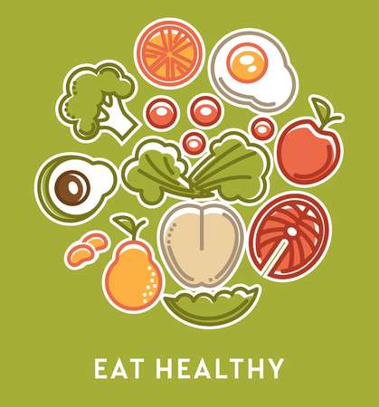 Eat healthy vegetables and fruits with fish nutrition ingredientsのイラスト素材